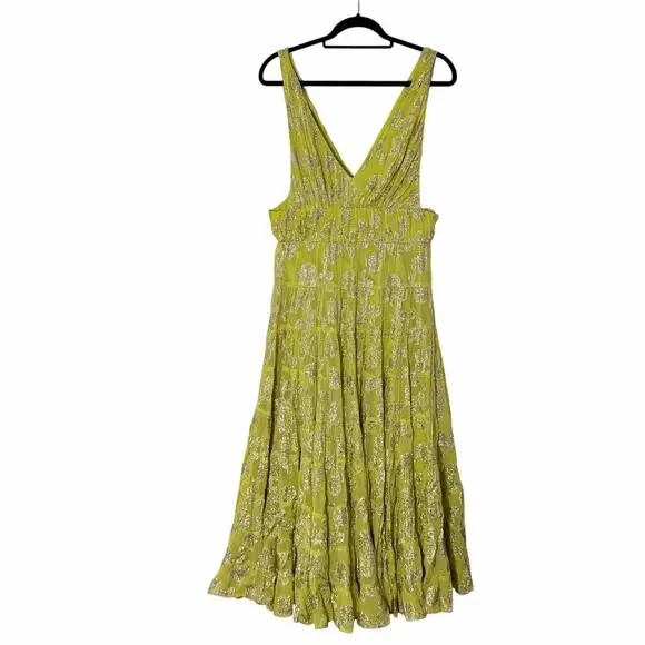 Anthropologie Let Me Be Floral Jacquard Tiered Maxi Dress in Lime Green